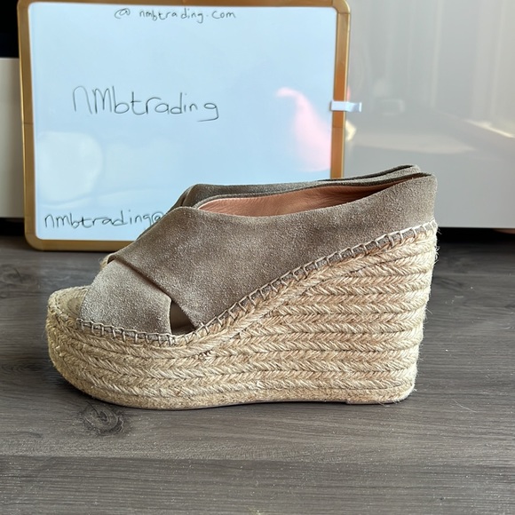 Sigerson Morrison sueded gray leather cork platform wedge slip on peep toe wedge - Picture 6 of 16
